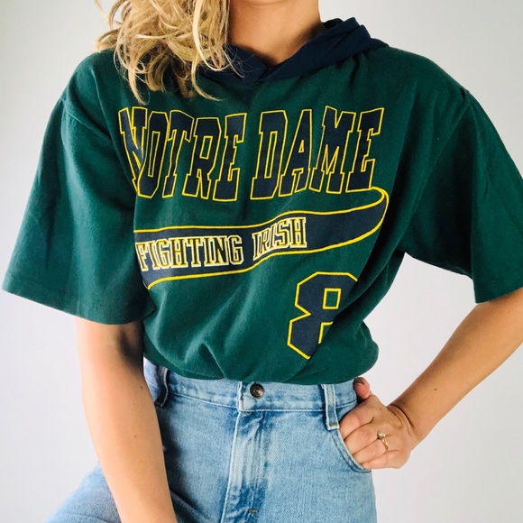 Vintage Tops - [vintage] Notre Dame Short Sleeve Hoodie Tee Shirt